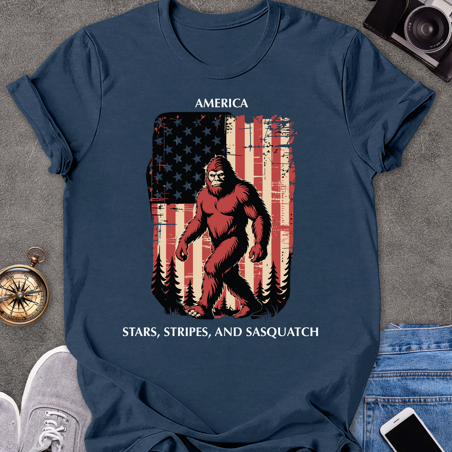 America - Stars, Stripes & Sasquatch | Unisex Softstyle T-Shirt | USA Travel Tee