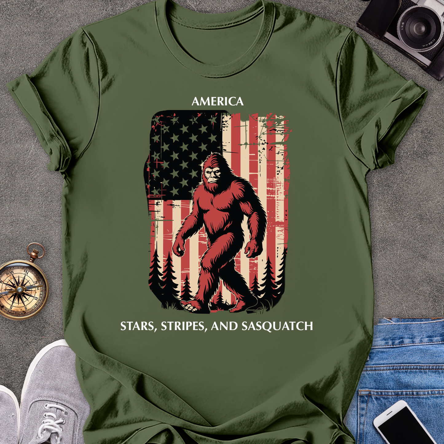 America - Stars, Stripes & Sasquatch | Unisex Softstyle T-Shirt | USA Travel Tee