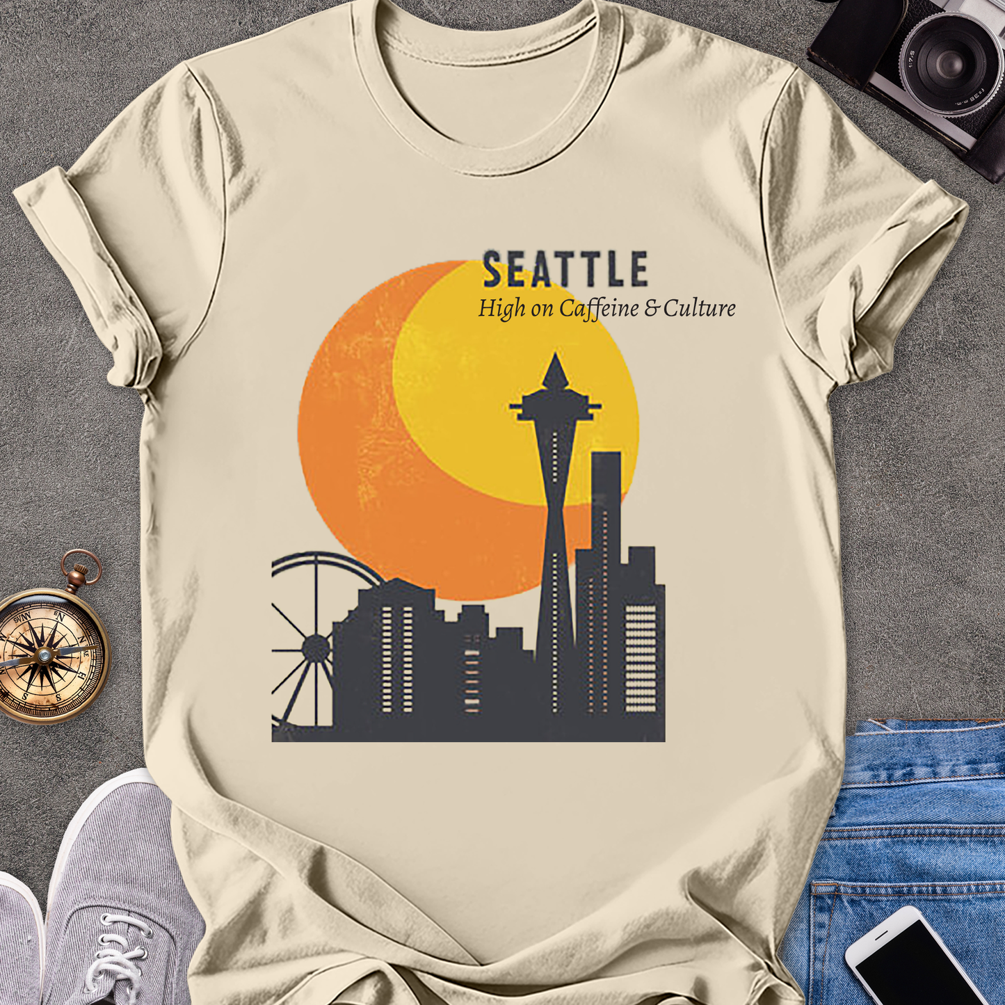 Seattle, High on Caffeine & Culture | Unisex Softstyle T-Shirt | Retro Seattle Travel Tee