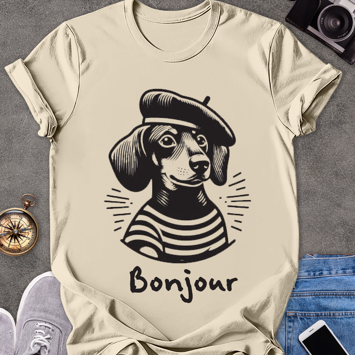 Bonjour | Unisex Softstyle T-Shirt | French Daschshund Travel Tee