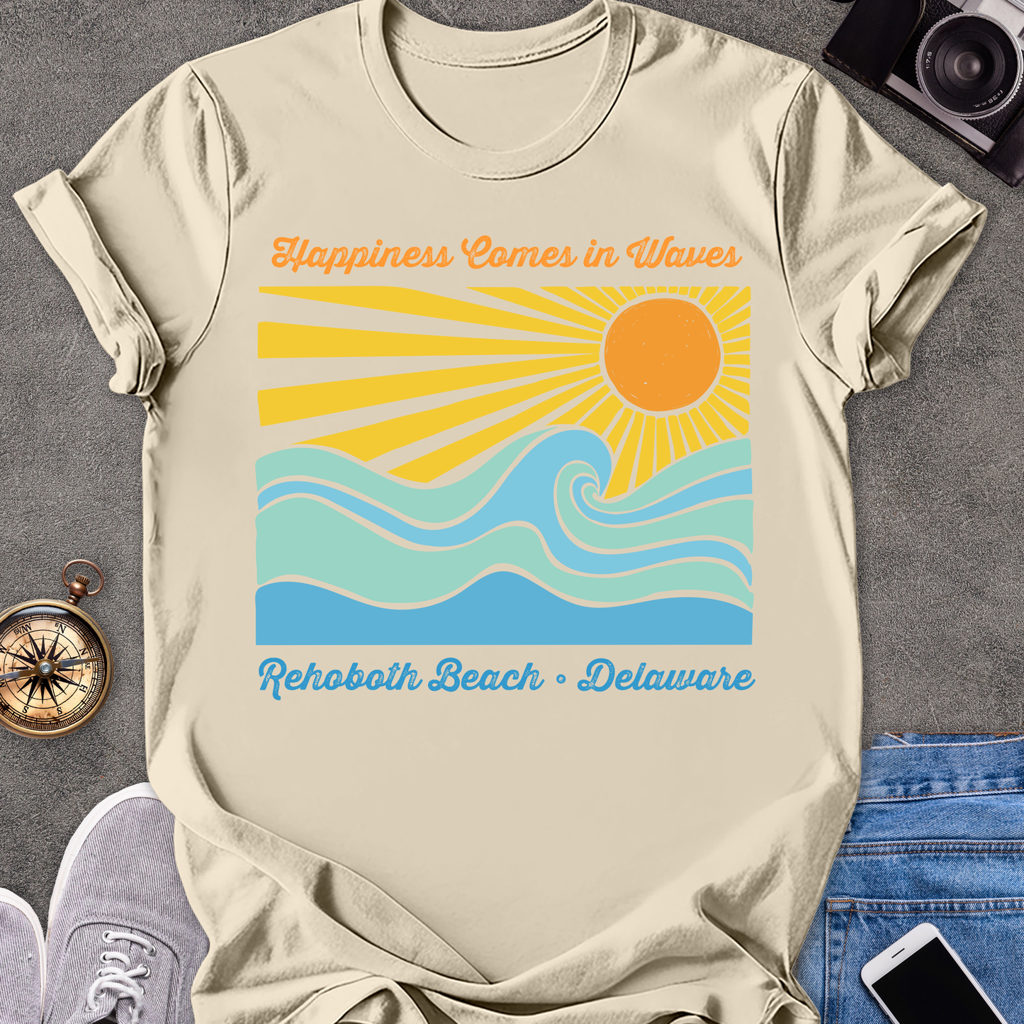 Happiness Comes in Waves-Rehobath, Delaware | Unisex Softstyle T-Shirt | Fun and Casual Beach Lover Tee