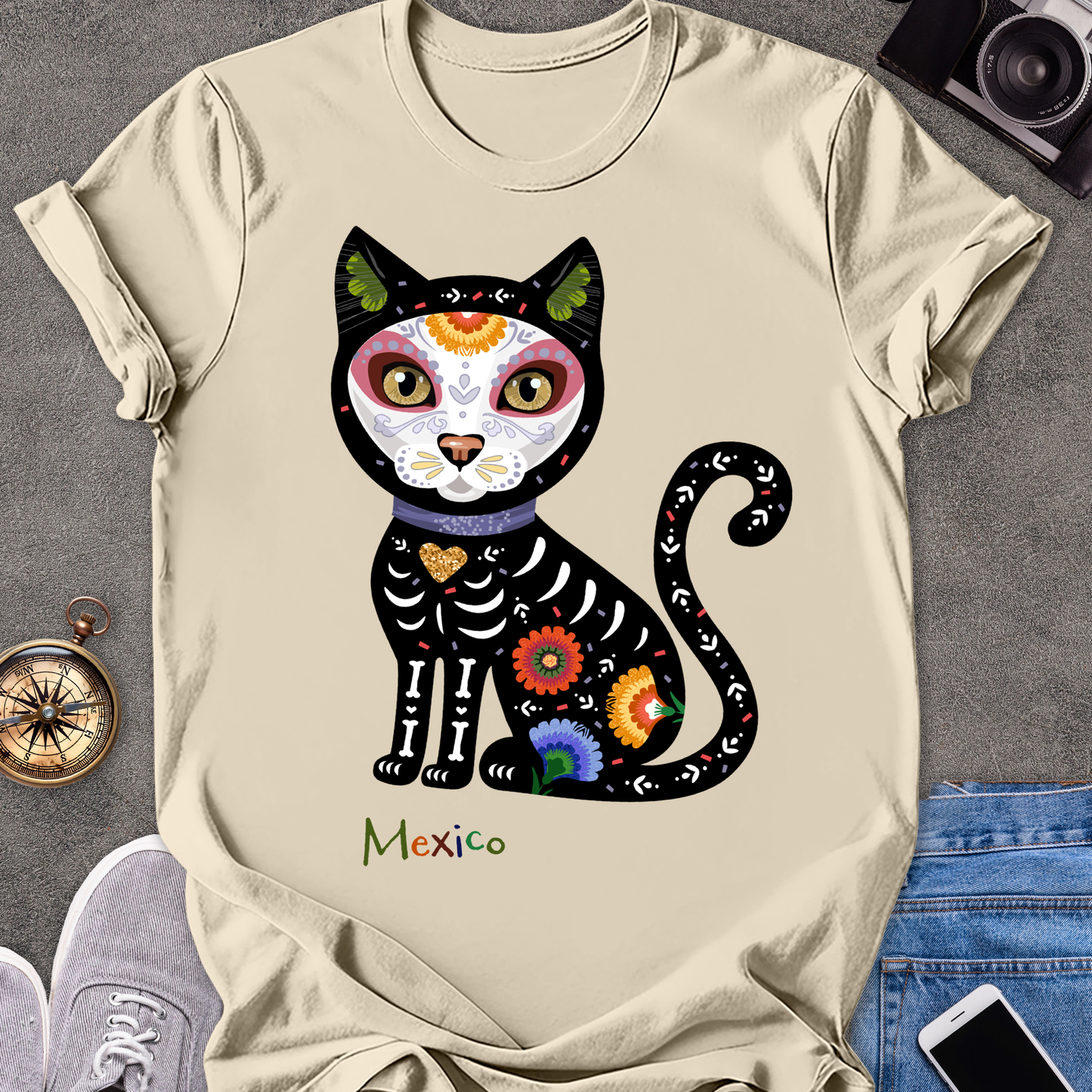 Mexico-Day of the Dead Cat | Unisex Softstyle T-Shirt | Day of the Dead Tee