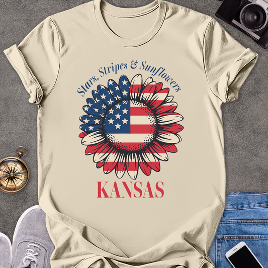 Star, Stripes & Sunflowers - Kansas | Unisex Softstyle T-Shirt | Kansas Travel Tee