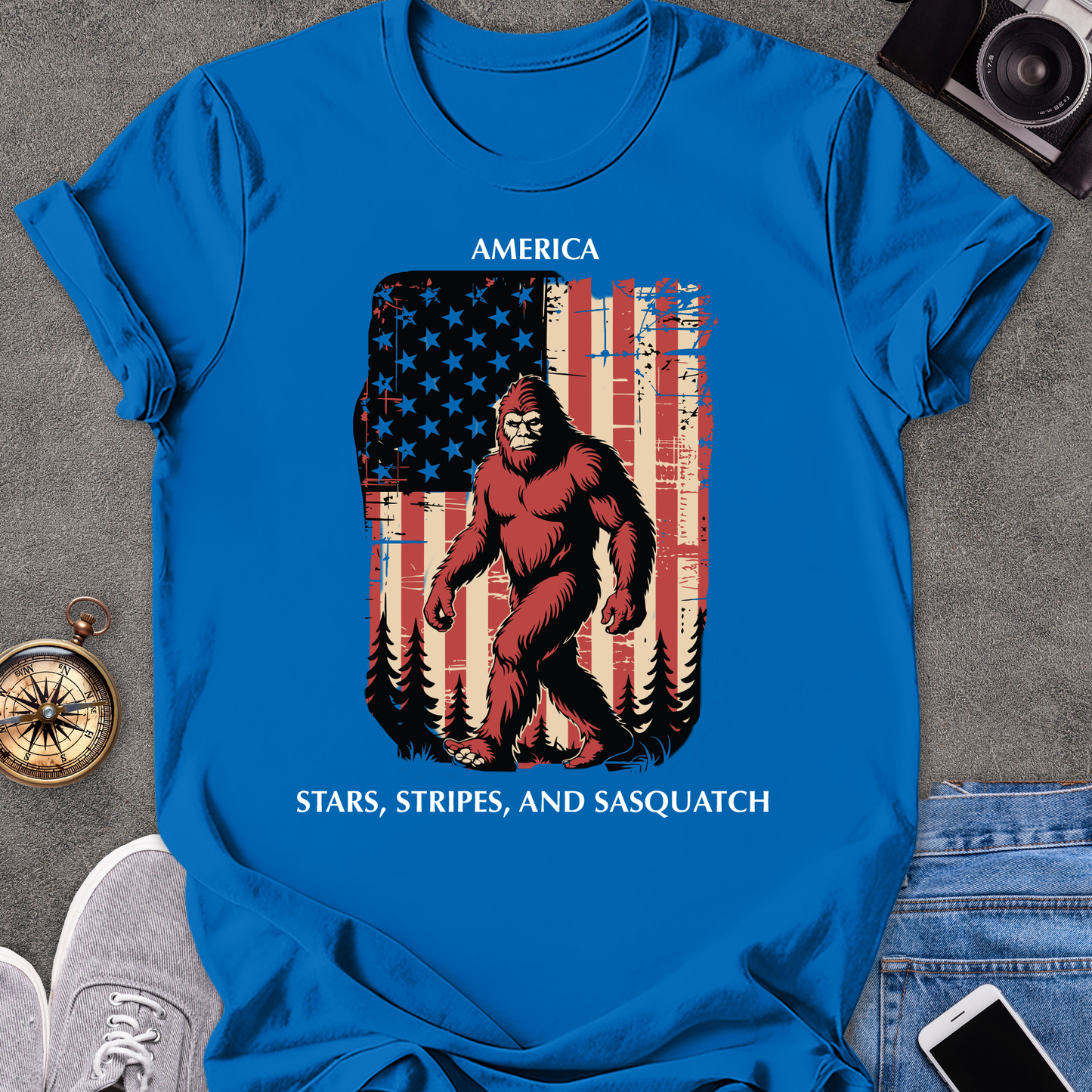 America - Stars, Stripes & Sasquatch | Unisex Softstyle T-Shirt | USA Travel Tee