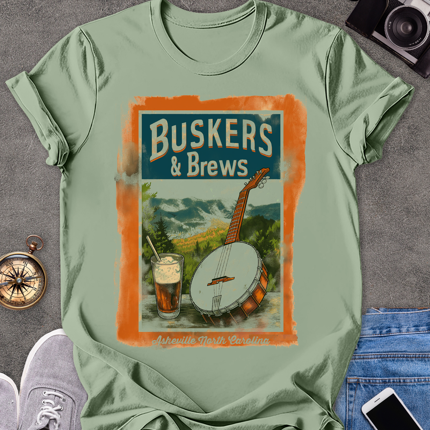 Buskers & Brews, Asheville North Carolina| Unisex Softstyle T-Shirt | North Carolina Travel Tee