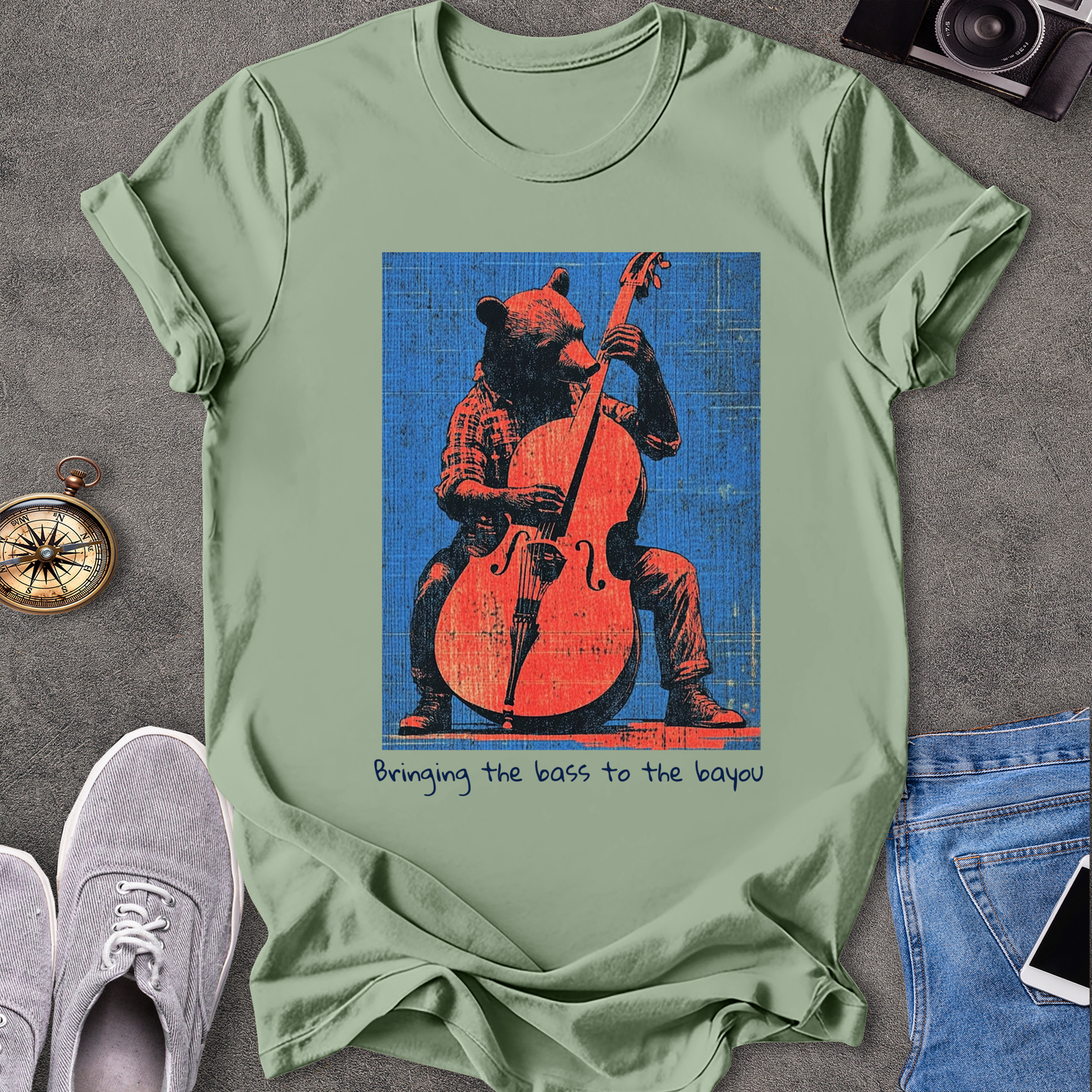 Bringing The Bass To The Bayou T-Shirt - Bear Playing Stand-up Bass