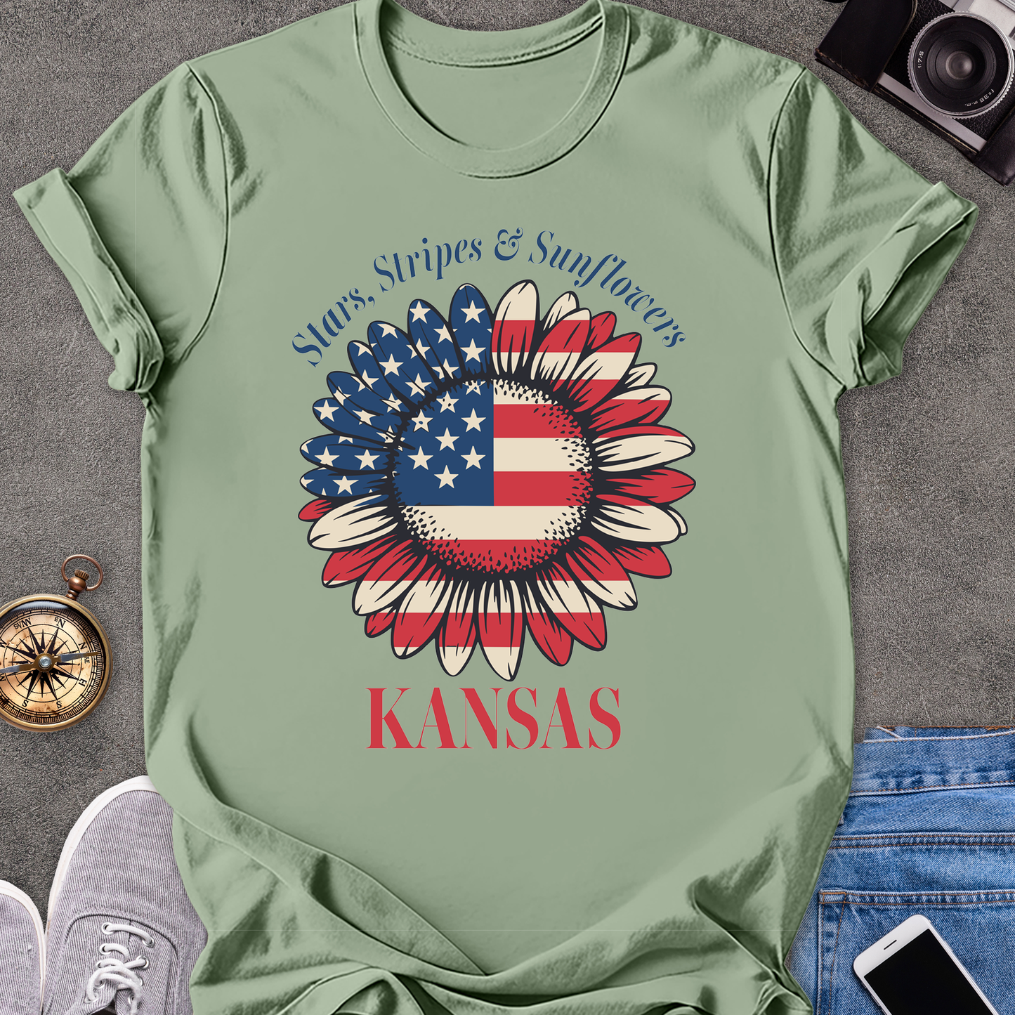 Star, Stripes & Sunflowers - Kansas | Unisex Softstyle T-Shirt | Kansas Travel Tee