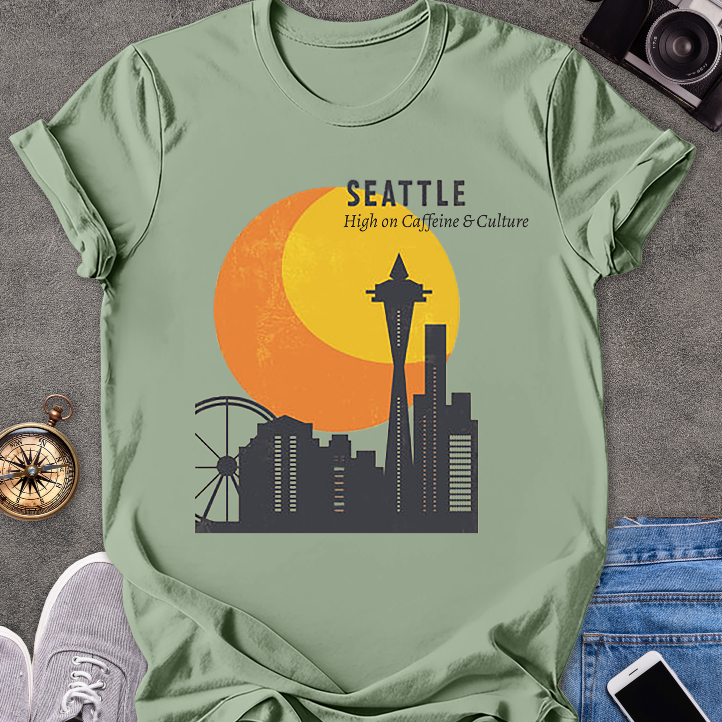 Seattle, High on Caffeine & Culture | Unisex Softstyle T-Shirt | Retro Seattle Travel Tee