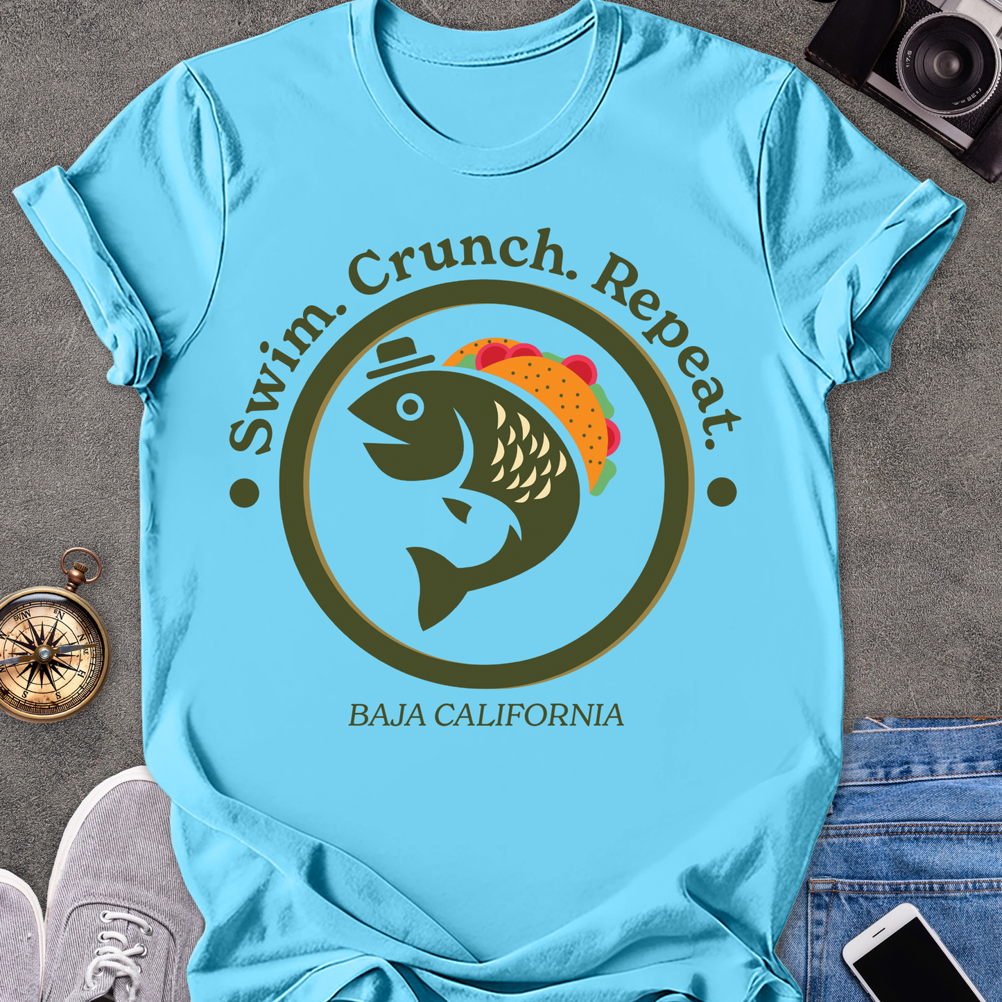Swim. Crunch. Repeat. Baja California | Unisex Softstyle T-Shirt | Foodie Travel Tee