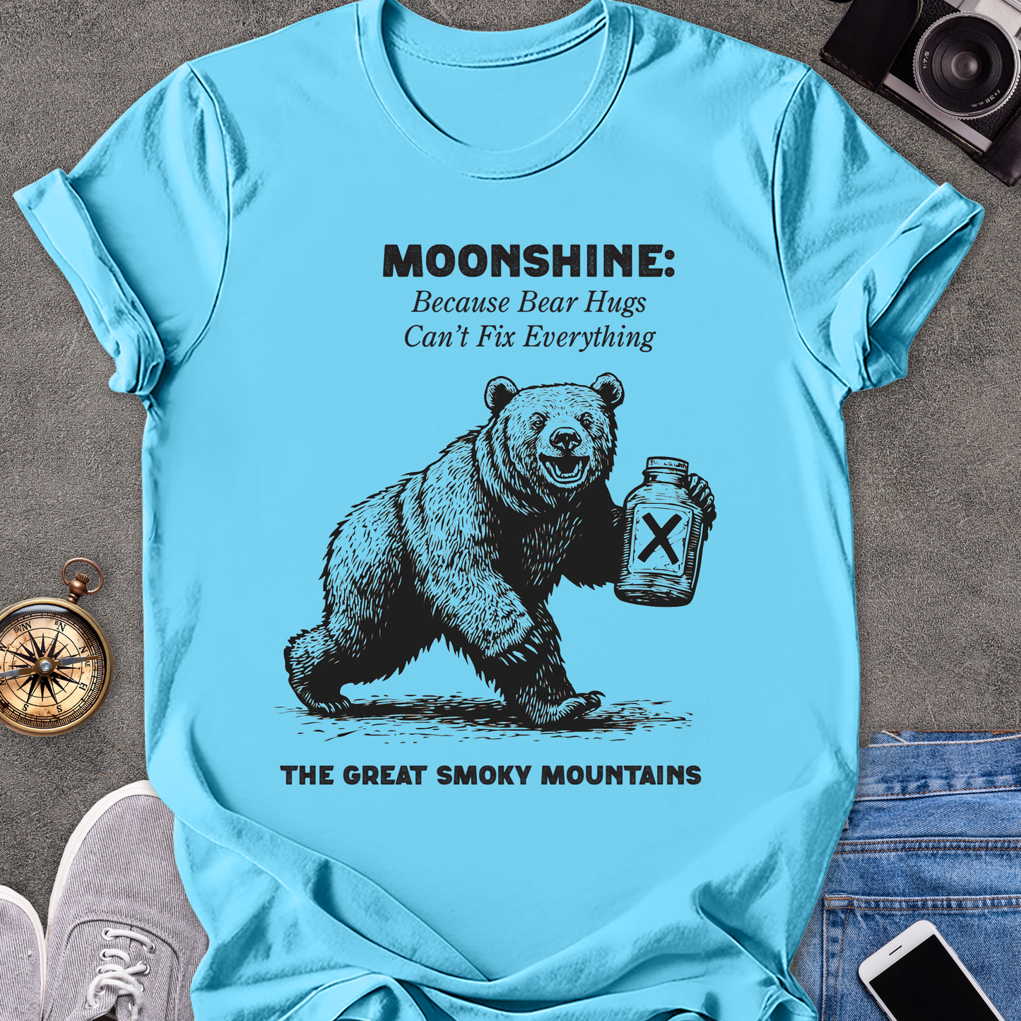 Moonshine: Because Bear Hugs Can't Fix Everything - The Great Smoky Mountains | Unisex Softstyle T-Shirt | Tennessee Tee