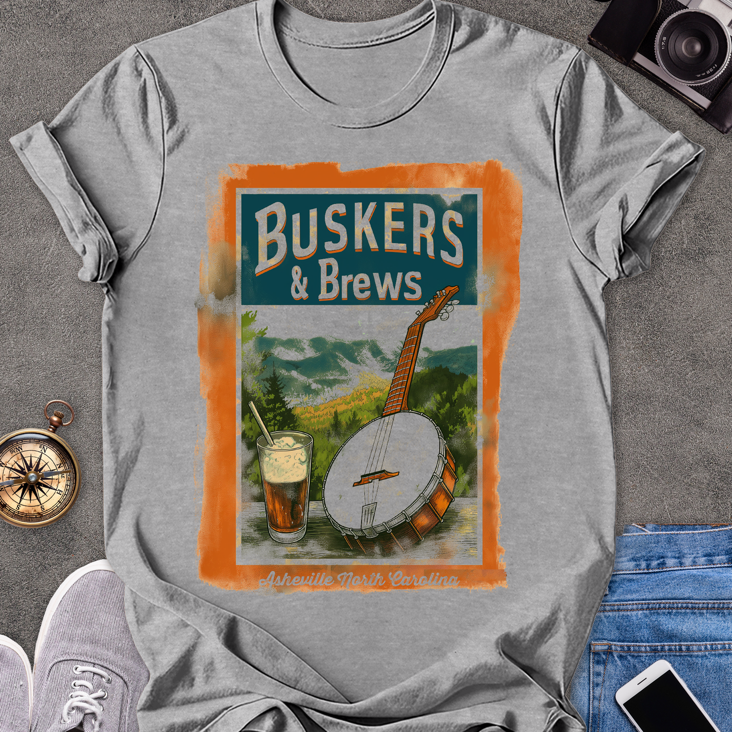 Buskers & Brews, Asheville North Carolina| Unisex Softstyle T-Shirt | North Carolina Travel Tee