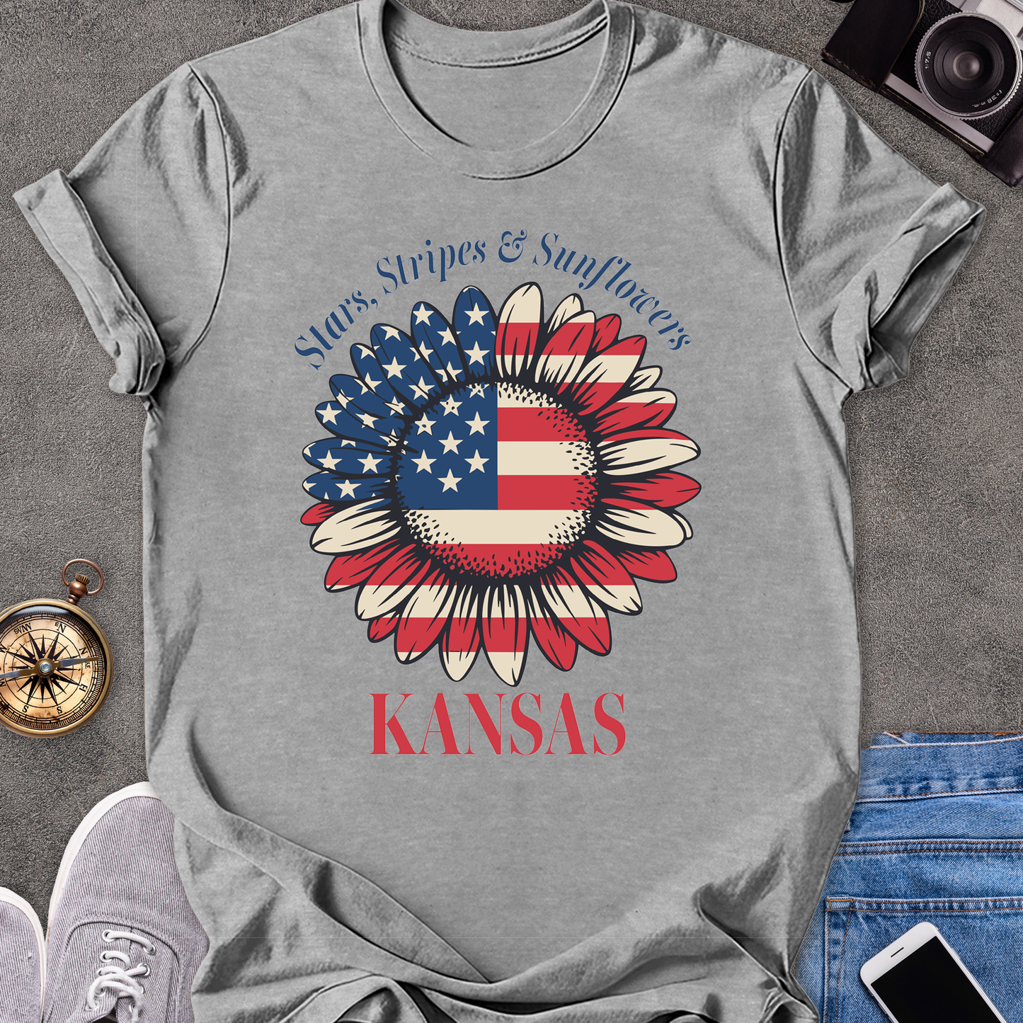 Star, Stripes & Sunflowers - Kansas | Unisex Softstyle T-Shirt | Kansas Travel Tee