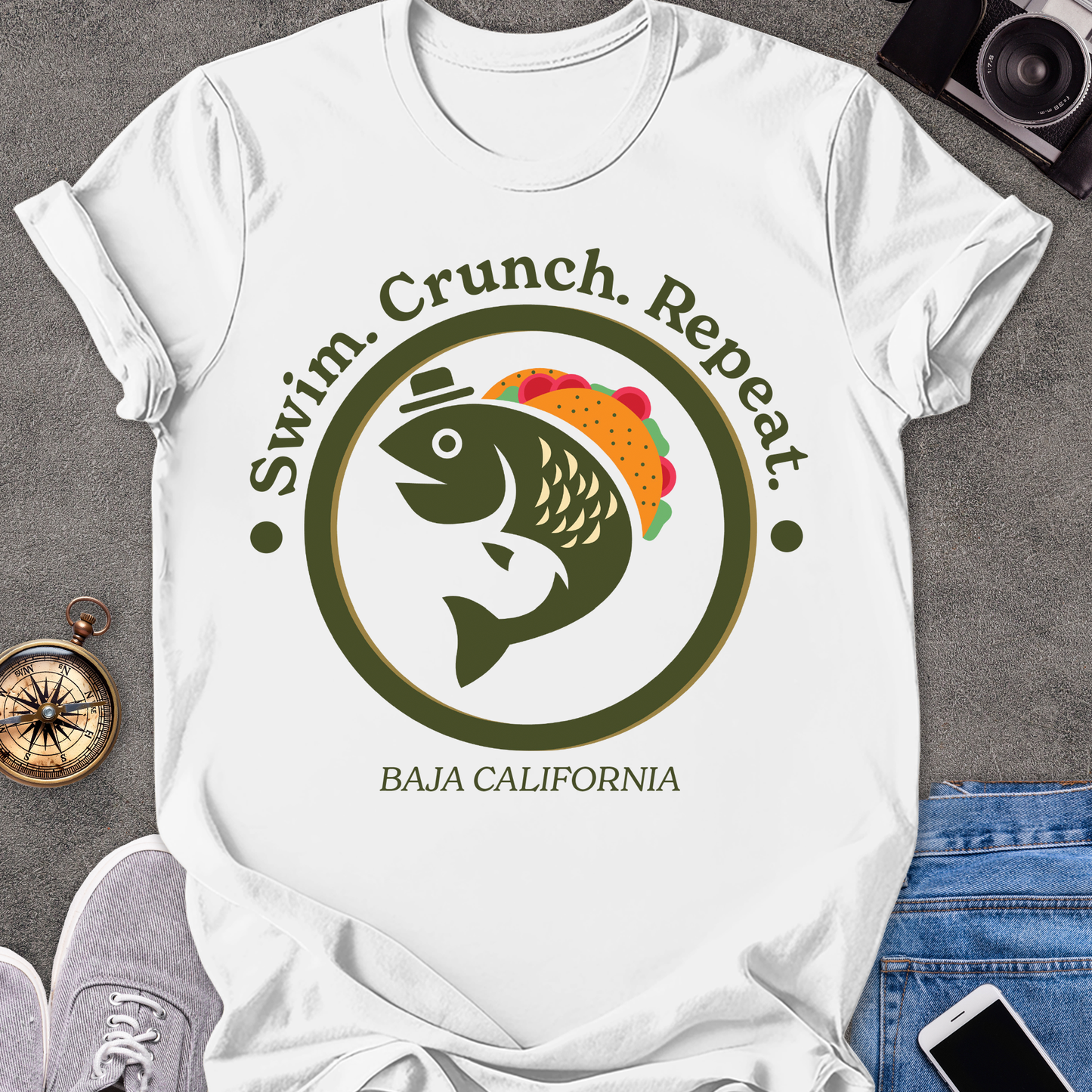 Swim. Crunch. Repeat. Baja California | Unisex Softstyle T-Shirt | Foodie Travel Tee