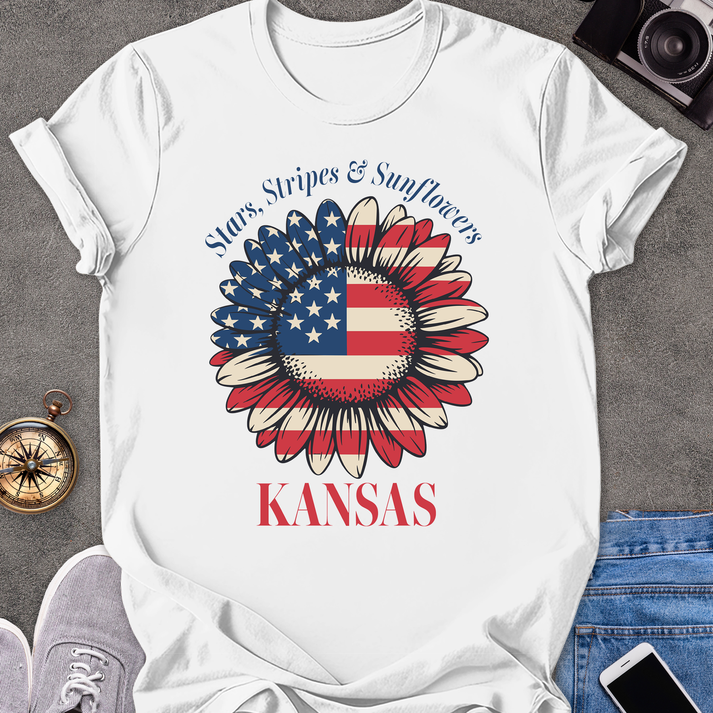 Star, Stripes & Sunflowers - Kansas | Unisex Softstyle T-Shirt | Kansas Travel Tee