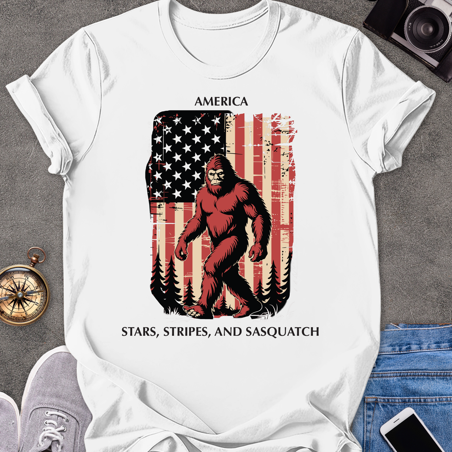 America - Stars, Stripes & Sasquatch | Unisex Softstyle T-Shirt | USA Travel Tee