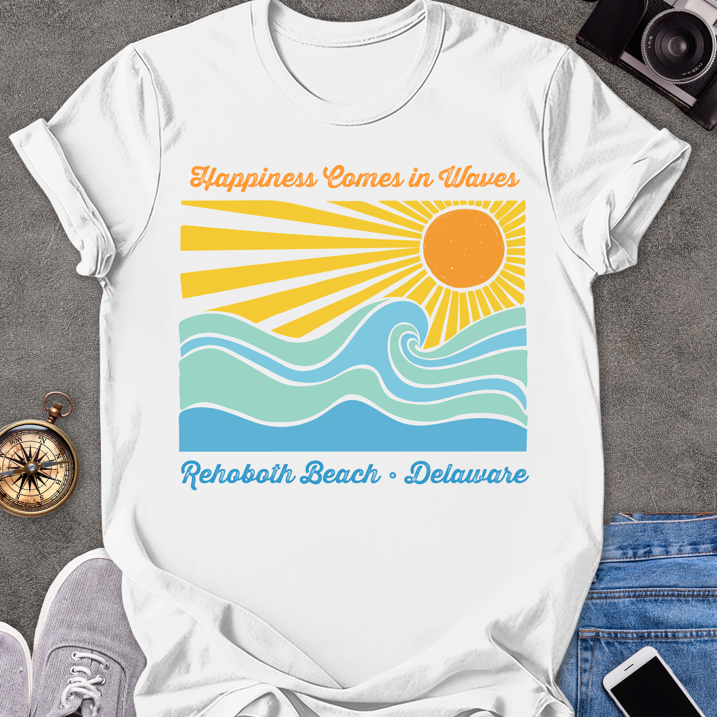 Happiness Comes in Waves-Rehobath, Delaware | Unisex Softstyle T-Shirt | Fun and Casual Beach Lover Tee