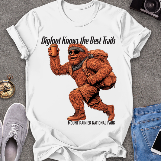 Bigfoot Knows The Best Trails - Mount Rainer National Park, Washington State TX T-Shirt
