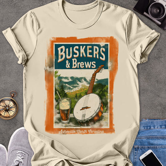 Buskers & Brews, Asheville North Carolina| Unisex Softstyle T-Shirt | North Carolina Travel Tee