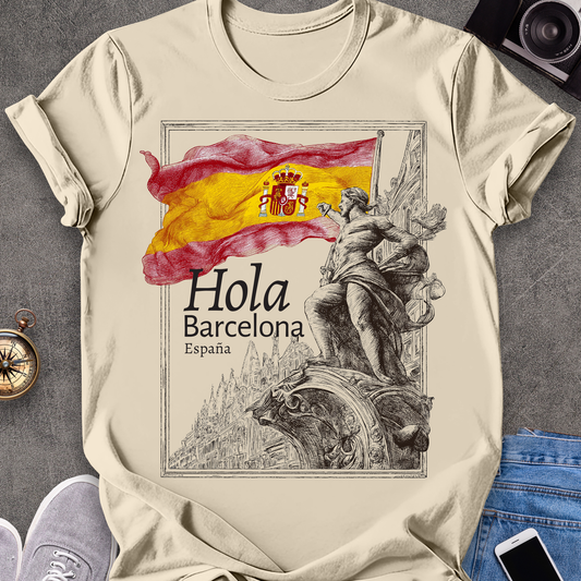 Hola Barcelona, España| Spanish Flag Travel Tee