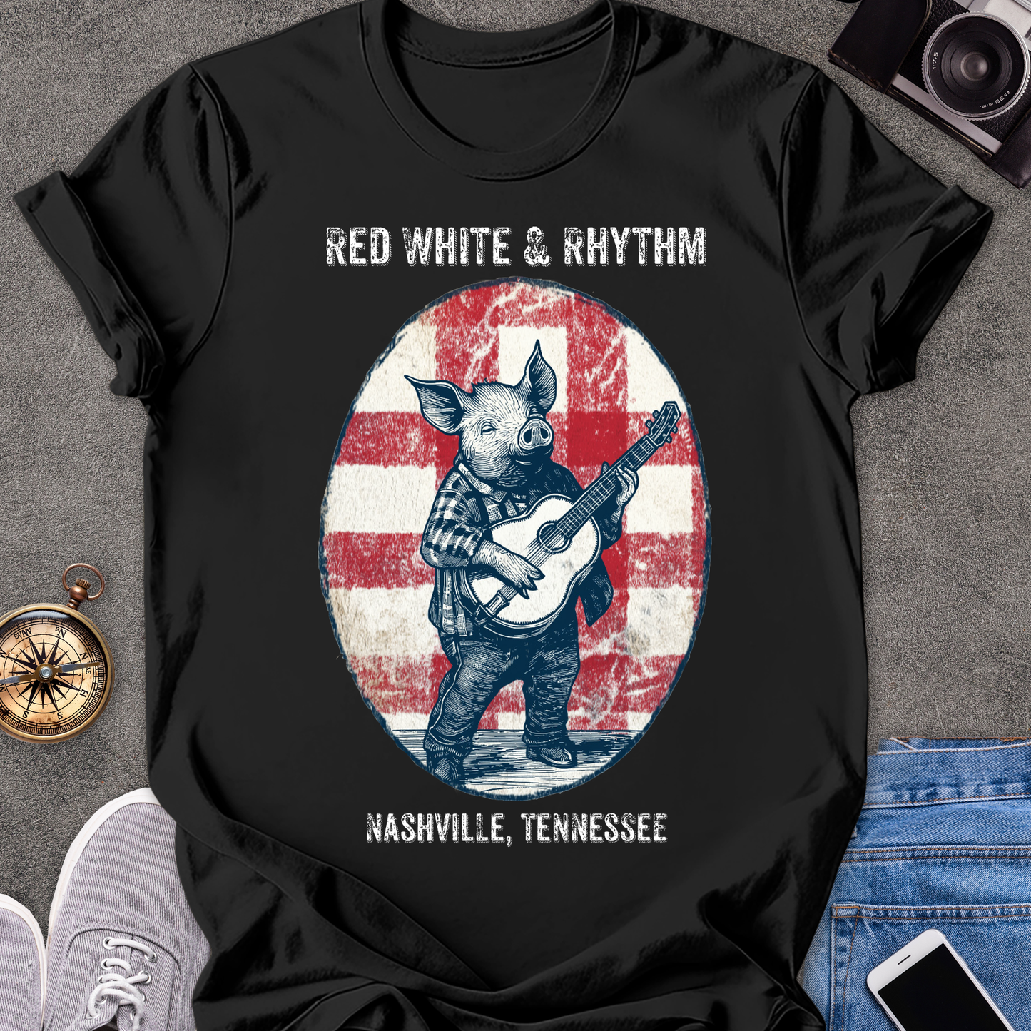 Red White & Rhythm - Nashville, Tennessee | Unisex Softstyle T-Shirt | Fun and Casual Music Lover Tee