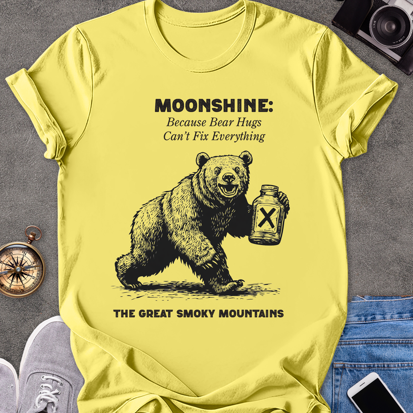 Moonshine: Because Bear Hugs Can't Fix Everything - The Great Smoky Mountains | Unisex Softstyle T-Shirt | Tennessee Tee