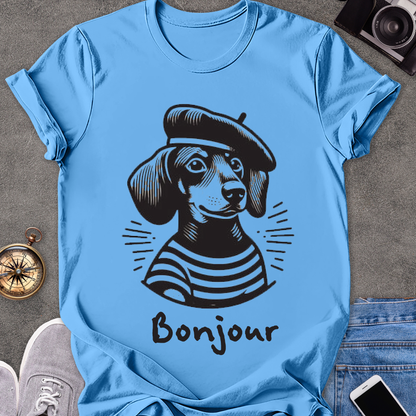 Bonjour | Unisex Softstyle T-Shirt | French Daschshund Travel Tee