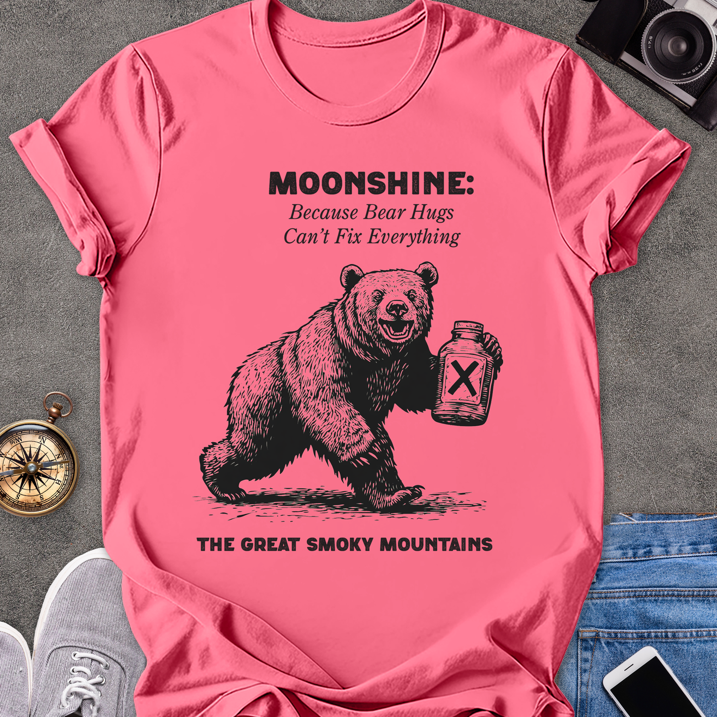 Moonshine: Because Bear Hugs Can't Fix Everything - The Great Smoky Mountains | Unisex Softstyle T-Shirt | Tennessee Tee