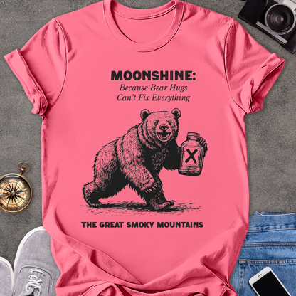 Moonshine: Because Bear Hugs Can't Fix Everything - The Great Smoky Mountains | Unisex Softstyle T-Shirt | Tennessee Tee