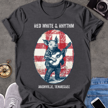 Red White & Rhythm - Nashville, Tennessee | Unisex Softstyle T-Shirt | Fun and Casual Music Lover Tee