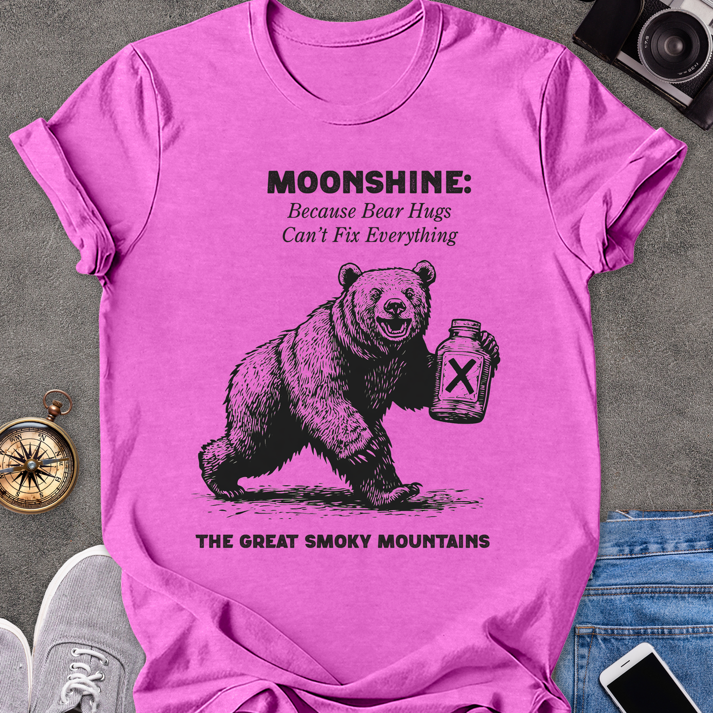 Moonshine: Because Bear Hugs Can't Fix Everything - The Great Smoky Mountains | Unisex Softstyle T-Shirt | Tennessee Tee