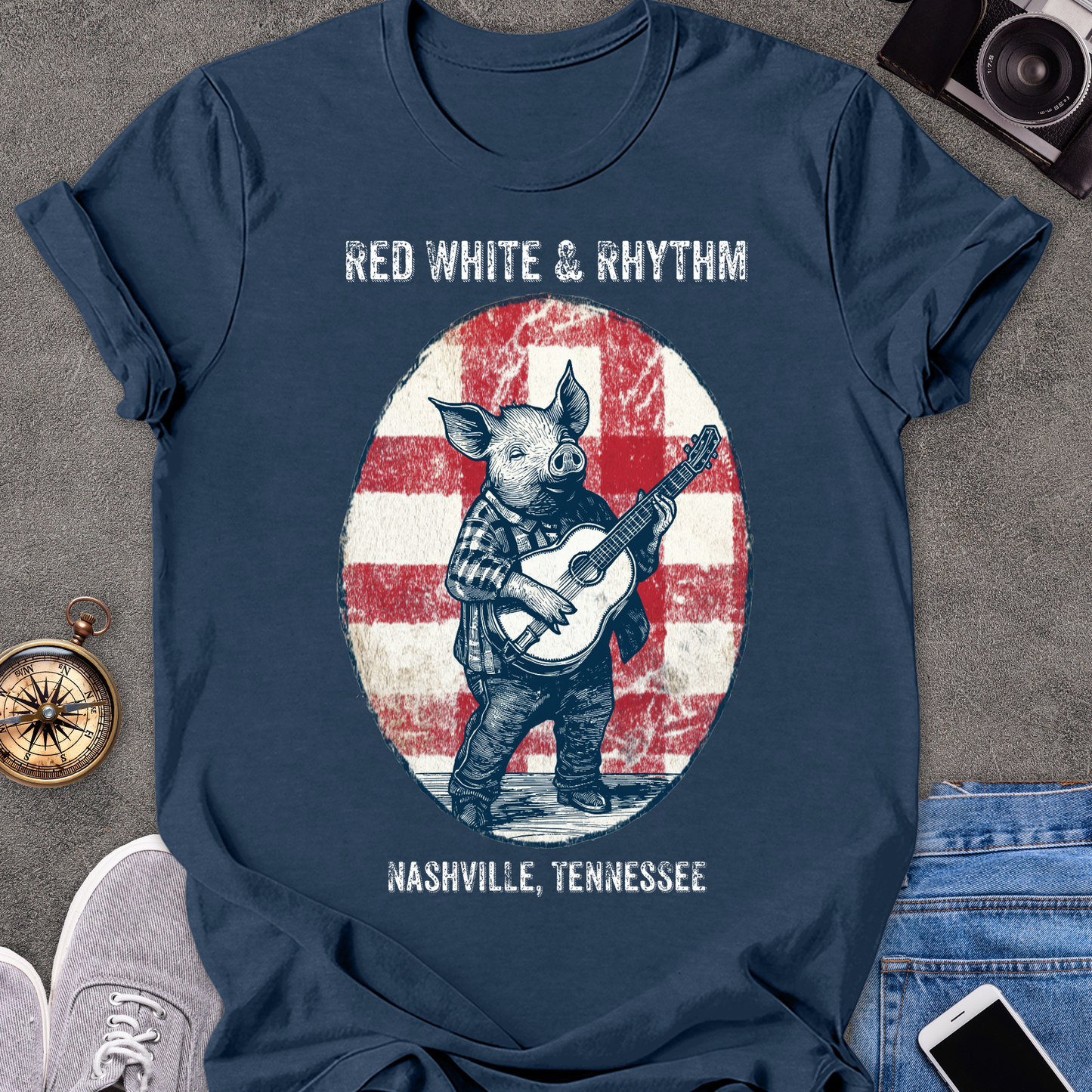 Red White & Rhythm - Nashville, Tennessee | Unisex Softstyle T-Shirt | Fun and Casual Music Lover Tee