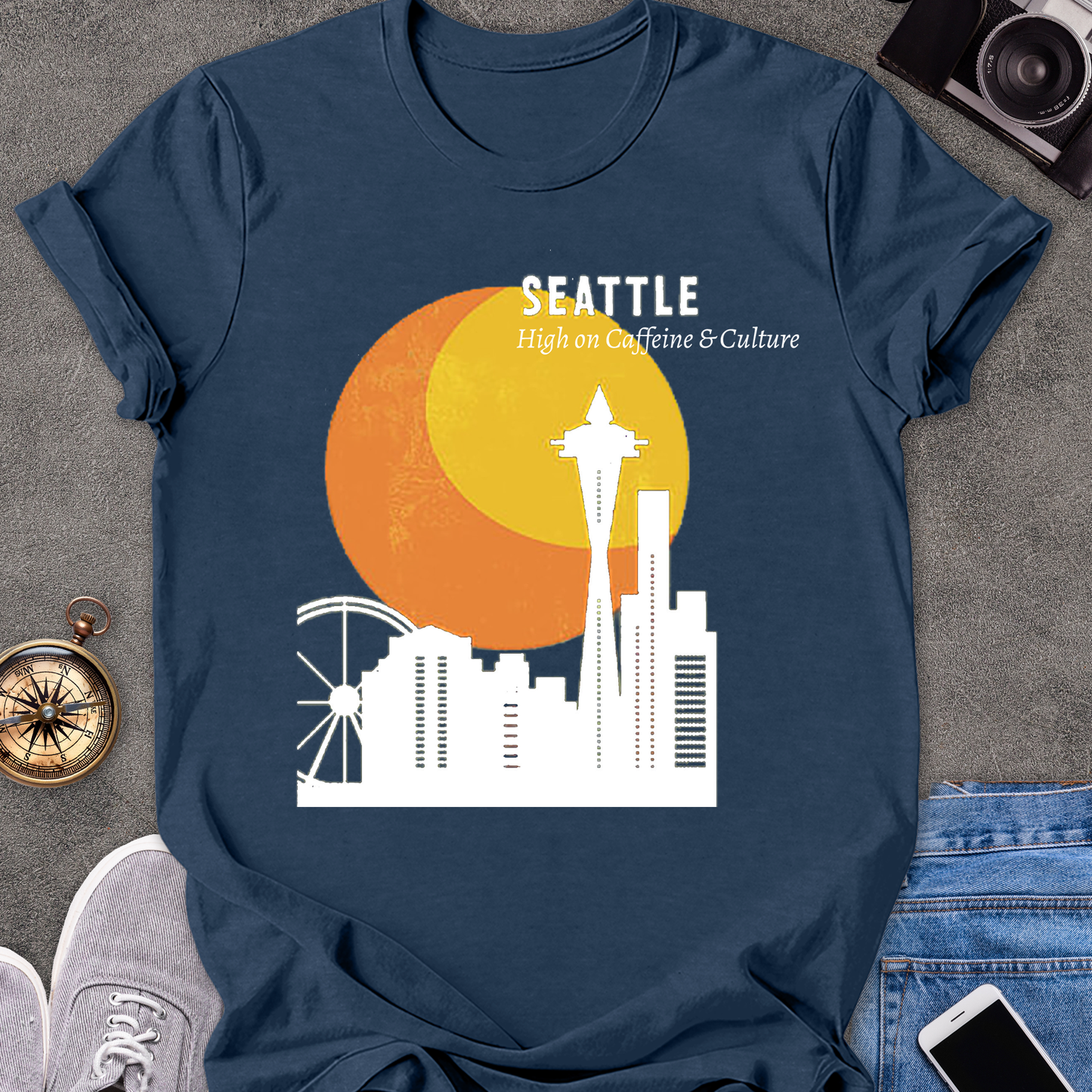 Seattle, High on Caffeine & Culture | Unisex Softstyle T-Shirt | Retro Seattle Travel Tee
