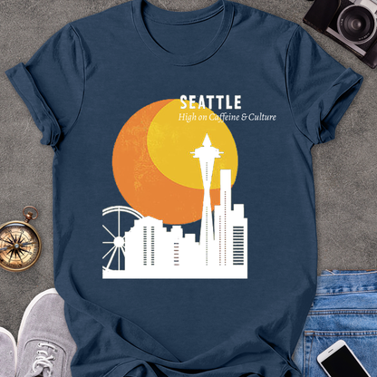 Seattle, High on Caffeine & Culture | Unisex Softstyle T-Shirt | Retro Seattle Travel Tee