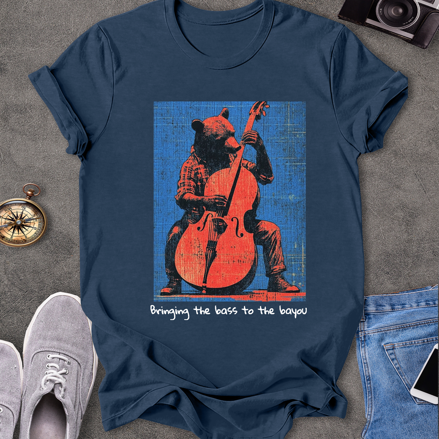 Bringing The Bass To The Bayou T-Shirt - Bear Playing Stand-up Bass