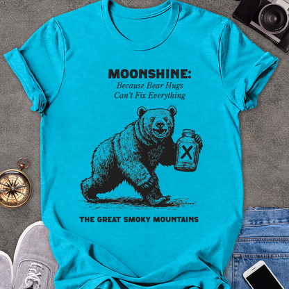 Moonshine: Because Bear Hugs Can't Fix Everything - The Great Smoky Mountains | Unisex Softstyle T-Shirt | Tennessee Tee