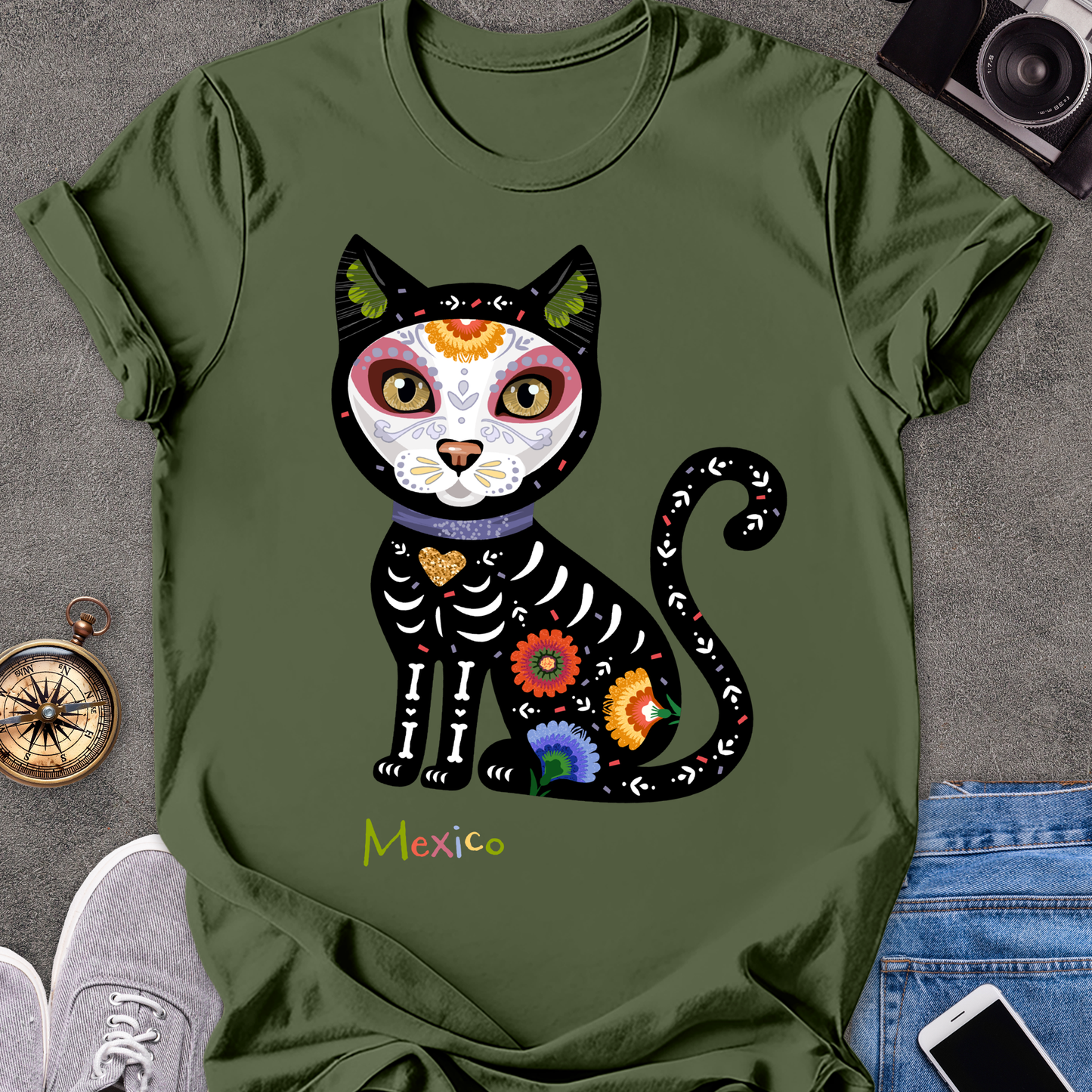 Mexico-Day of the Dead Cat | Unisex Softstyle T-Shirt | Day of the Dead Tee