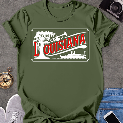 Louisiana | Unisex Softstyle T-Shirt | Riverboat, Trumpet, and Tree Tee
