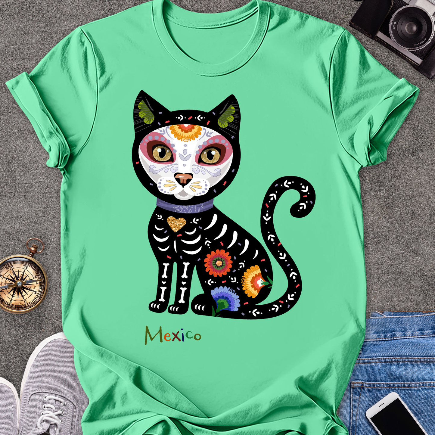 Mexico-Day of the Dead Cat | Unisex Softstyle T-Shirt | Day of the Dead Tee