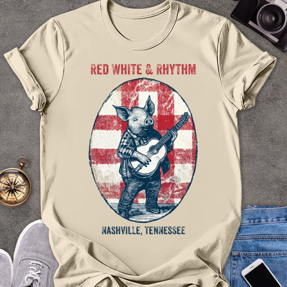 Red White & Rhythm - Nashville, Tennessee | Unisex Softstyle T-Shirt | Fun and Casual Music Lover Tee