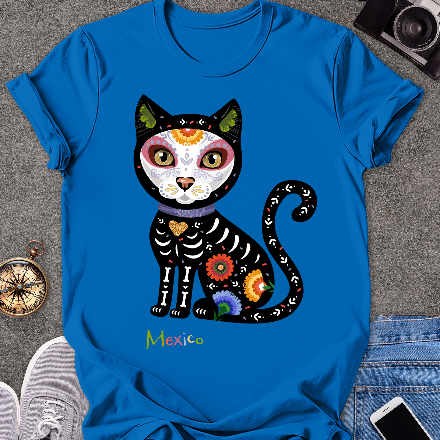Mexico-Day of the Dead Cat | Unisex Softstyle T-Shirt | Day of the Dead Tee
