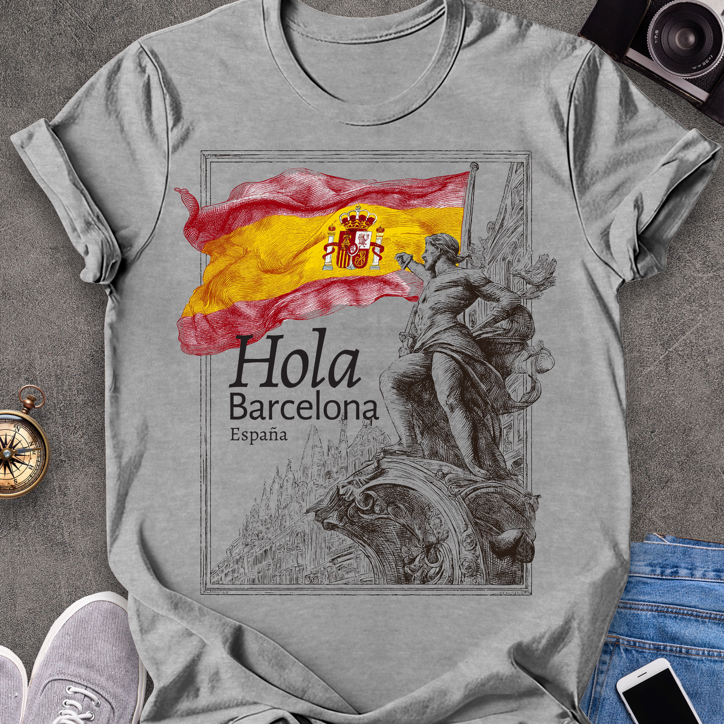 Hola Barcelona, España| Spanish Flag Travel Tee