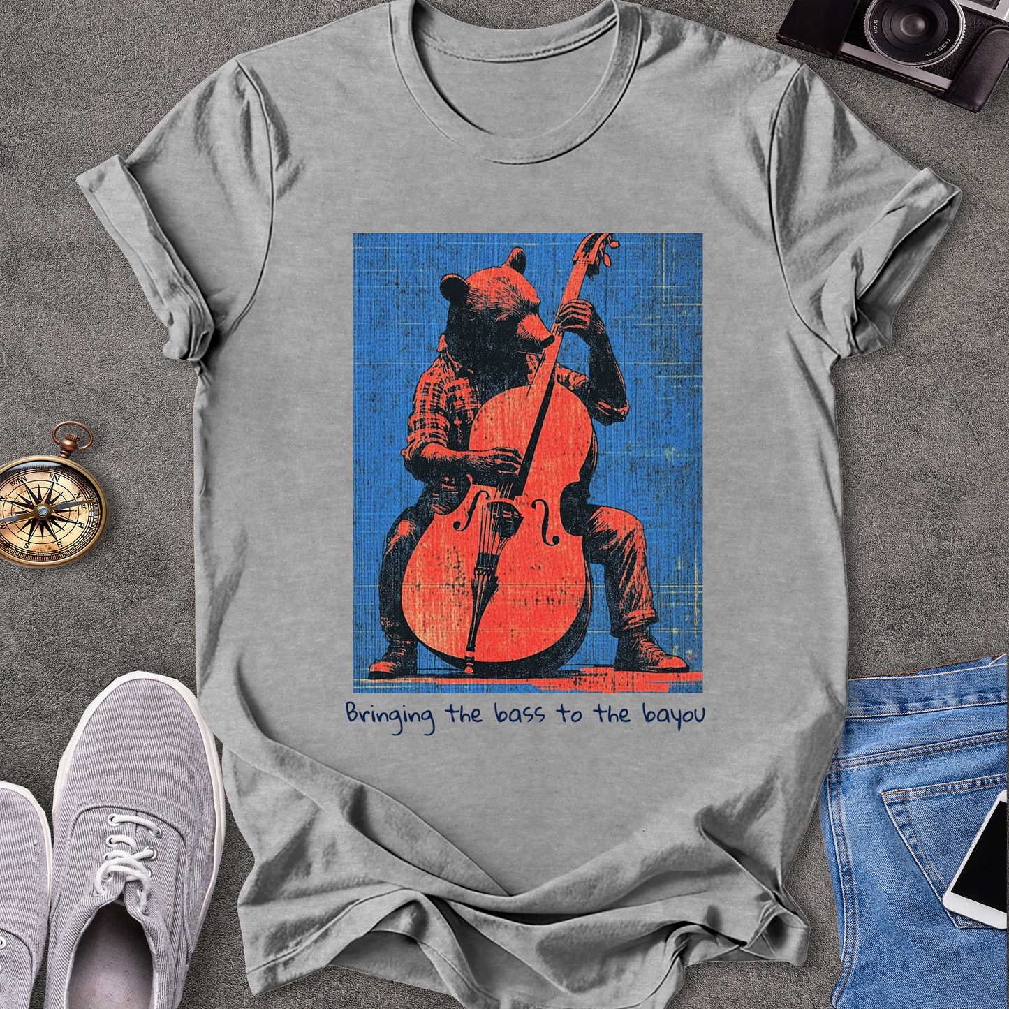 Bringing The Bass To The Bayou T-Shirt - Bear Playing Stand-up Bass