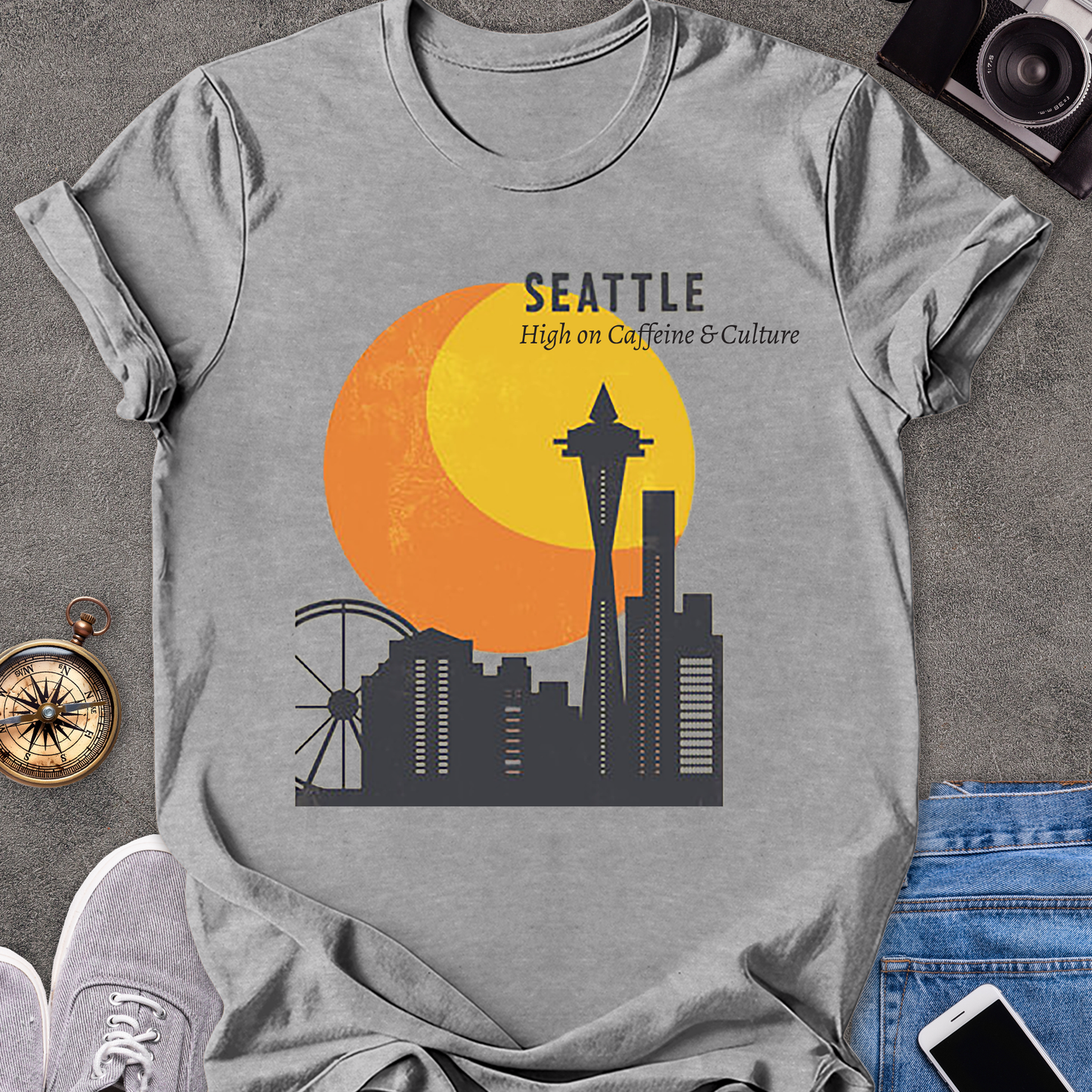 Seattle, High on Caffeine & Culture | Unisex Softstyle T-Shirt | Retro Seattle Travel Tee
