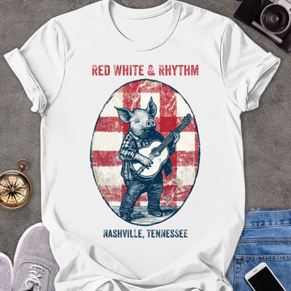 Red White & Rhythm - Nashville, Tennessee | Unisex Softstyle T-Shirt | Fun and Casual Music Lover Tee