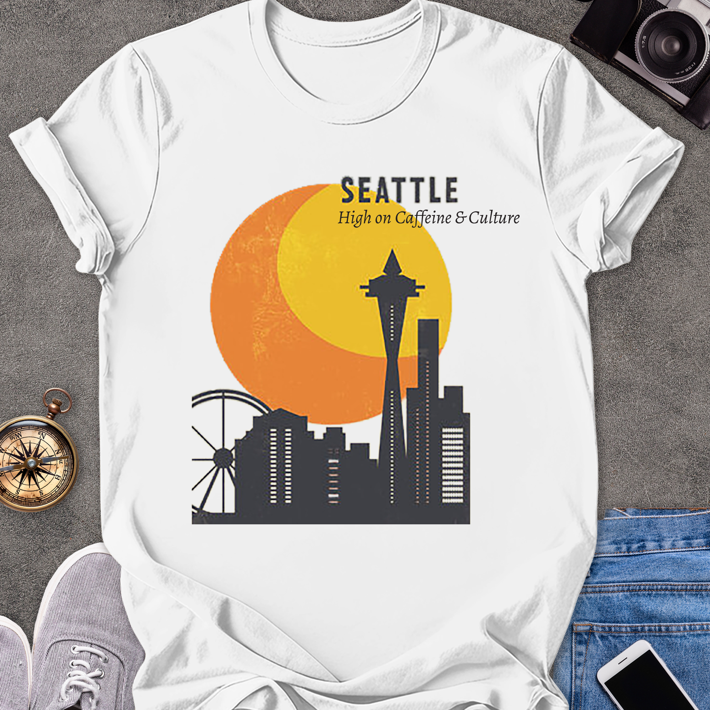 Seattle, High on Caffeine & Culture | Unisex Softstyle T-Shirt | Retro Seattle Travel Tee