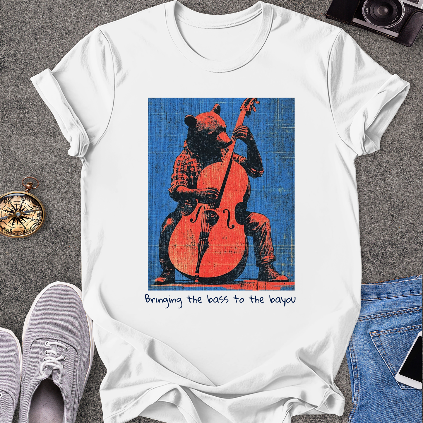 Bringing The Bass To The Bayou T-Shirt - Bear Playing Stand-up Bass
