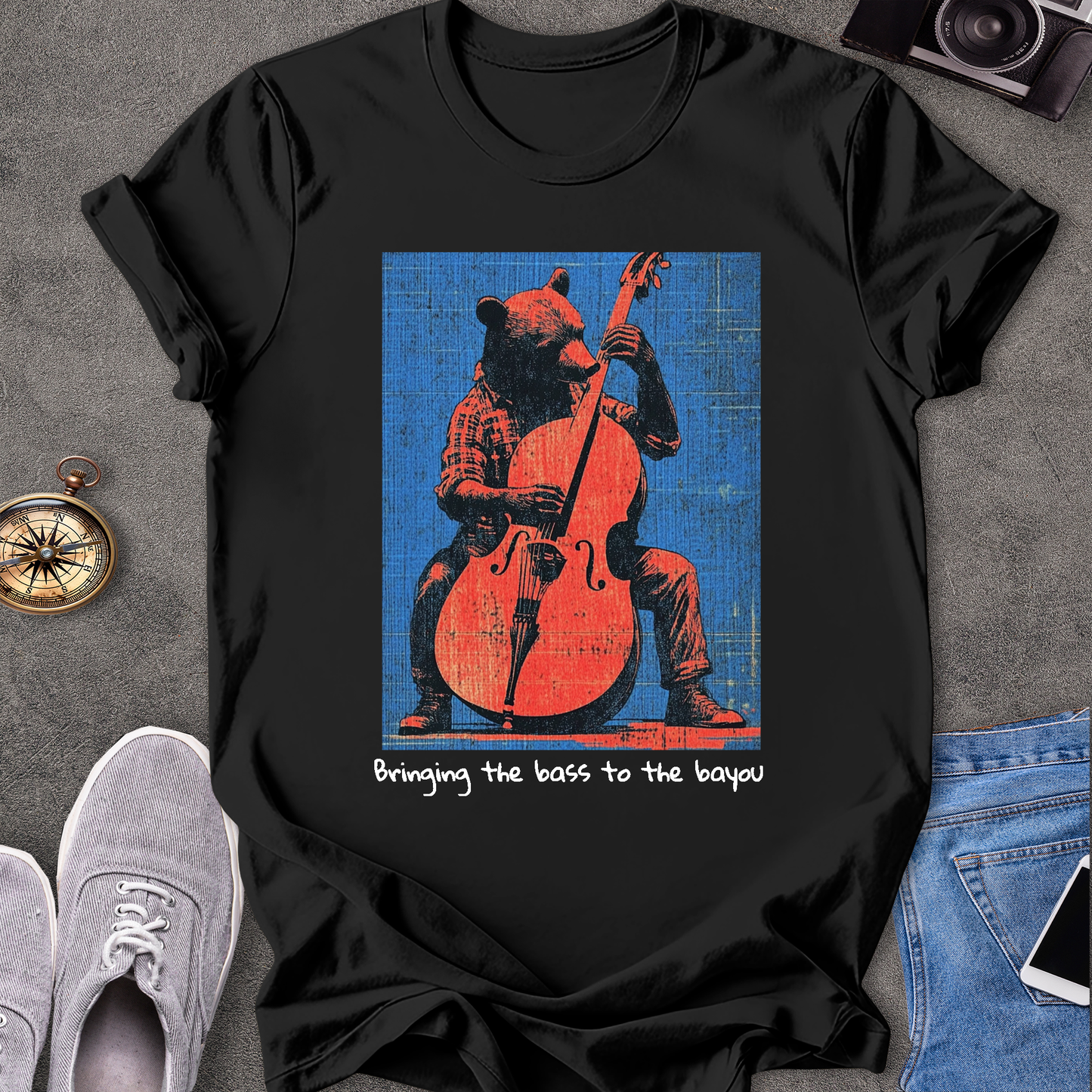 Bringing The Bass To The Bayou T-Shirt - Bear Playing Stand-up Bass
