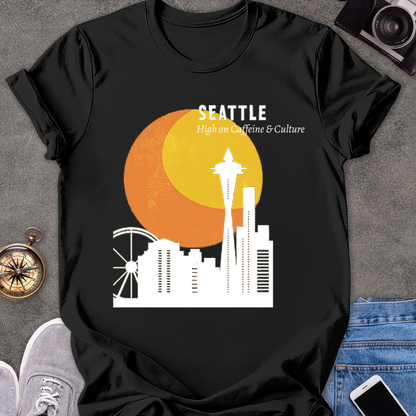 Seattle, High on Caffeine & Culture | Unisex Softstyle T-Shirt | Retro Seattle Travel Tee