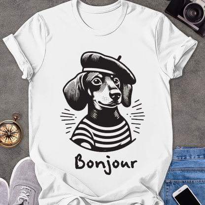 Bonjour | Unisex Softstyle T-Shirt | French Daschshund Travel Tee