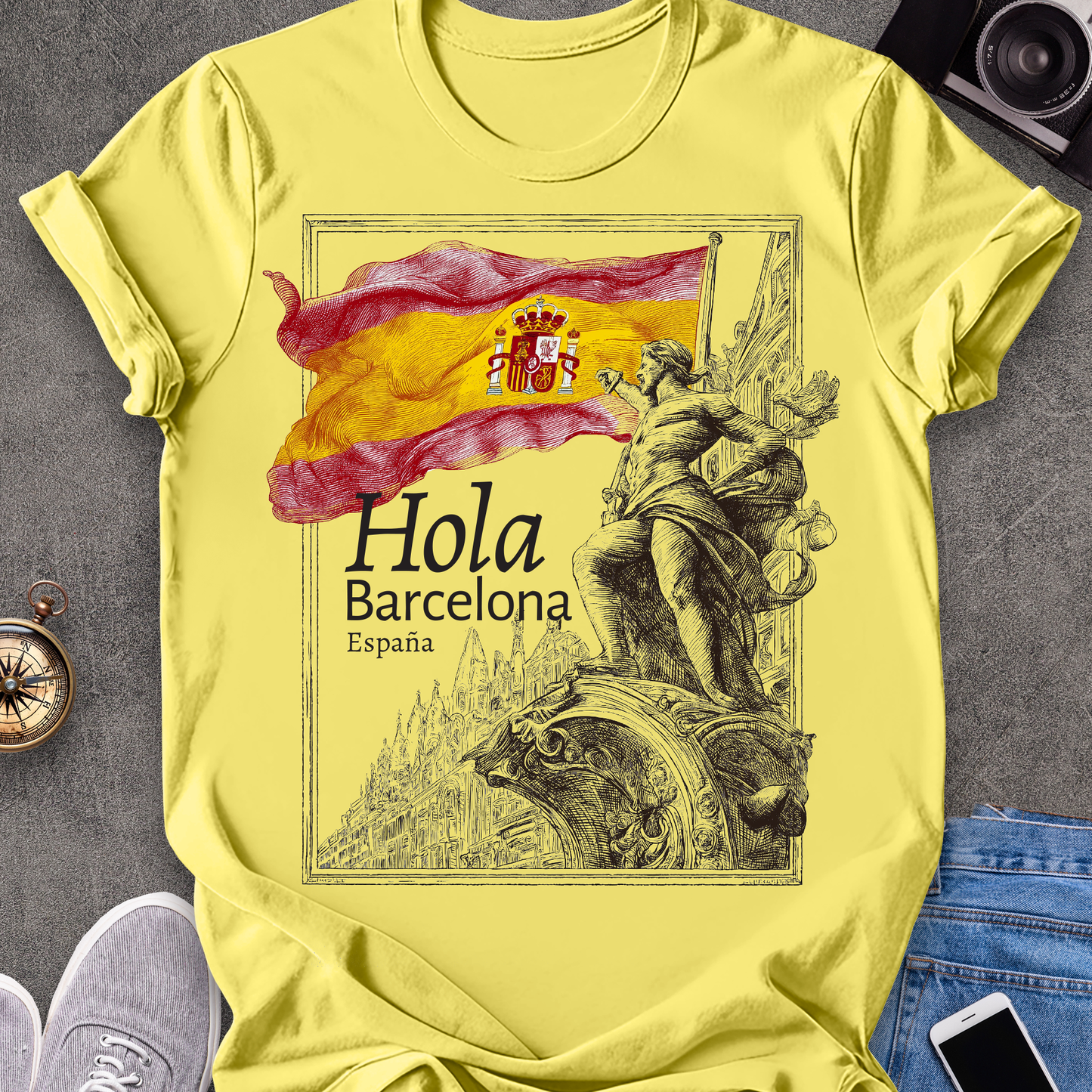 Hola Barcelona, España| Spanish Flag Travel Tee